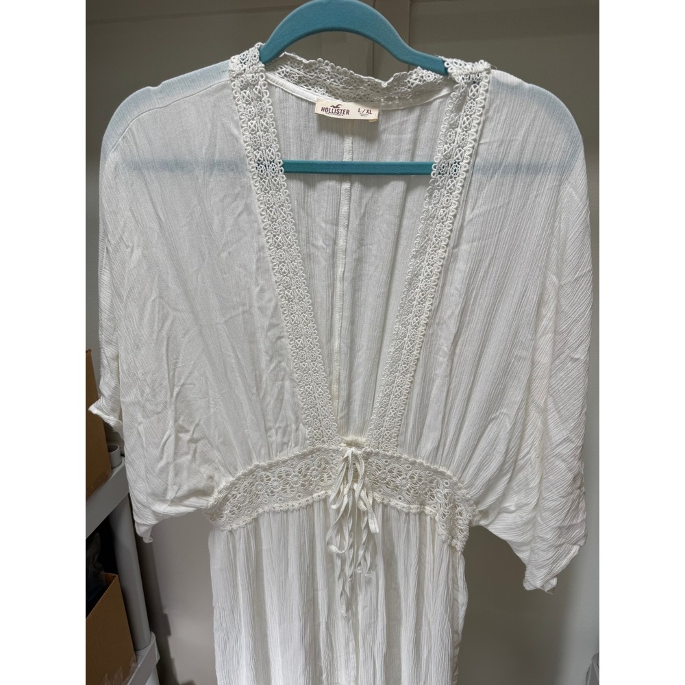 Hollister Maxi Coverup Womens L/XL White Crochet Lace Boho Kimono Sleeve Beach - Picture 4 of 8